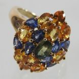 A green, blue and yellow sapphire cluster ring,