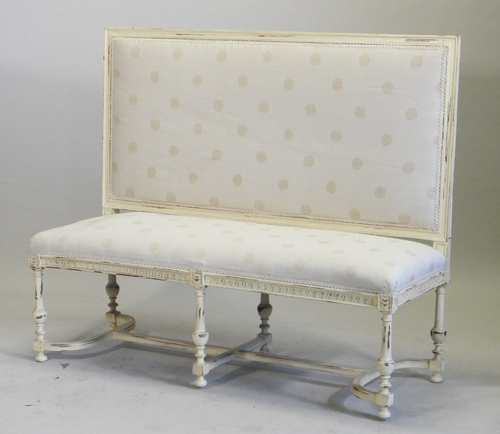 A French style cream upholstered high back sofa, on turned legs, united by shaped stretchers, - Image 5 of 9