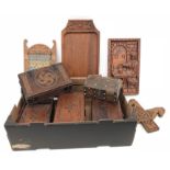 Selection of Four Antique Carved Wood Boxes etc.