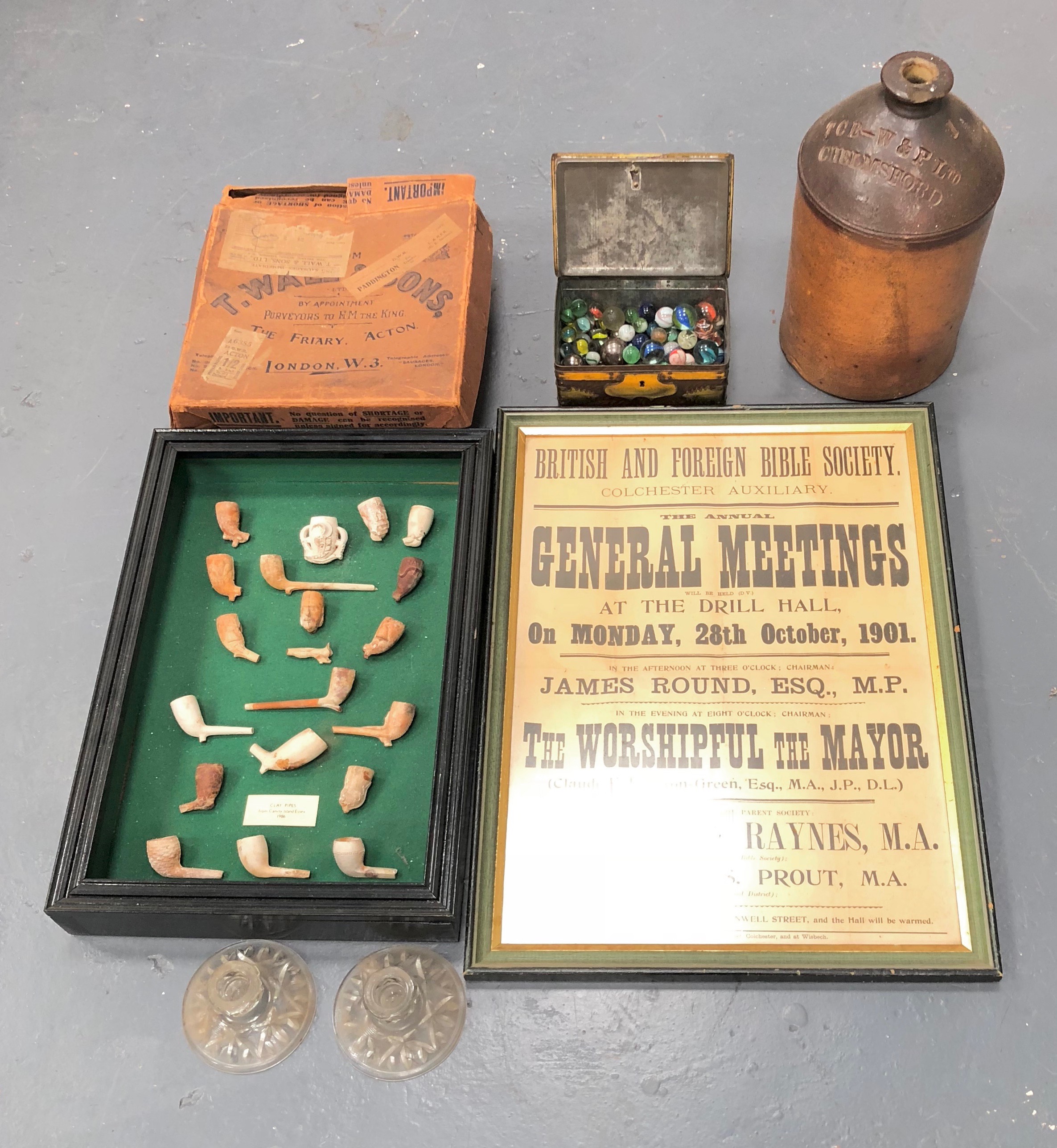 Framed Display of old Clay Pipes Execavated at Canvey Island Essex. Plus other Items