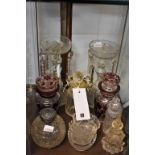 Pair of ruby flushed jars, pair of lustres a/f,scent bottles etc, etc (11)