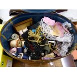 Metal hat box filled with cotton spools, buttons and ribbons.