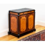 A fine quality burr amboyna, partridgewood, ebony and marble side cabinet or commode, c.1900, in the