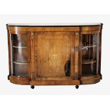 A Victorian walnut, marquetry, ebonised and ormolu mounted credenza, the moulded top over a