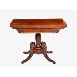 A William IV mahogany foldover card table, the D-shaped top with rosewood cross banded top and green