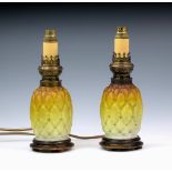 A pair of Victorian novelty satin glass oil lamps, probably by Thomas Webb, in the form of