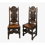 A pair of 17th century carved oak side chairs, the arched foliate and scroll carved top rails over