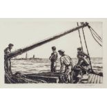 Sir Muirhead Bone (Scottish 1876-1953), Drypoint etching, 'Salvage men approaching a torpedoed ship'