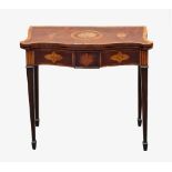 A good George III serpentine fiddleback mahogany and marquetry card table, the fold over top with