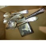 A small qty. of early 20th century silver spoons + cigarette case, silver handled bread knife,