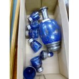 Silver lustre and blue glass liquer set.