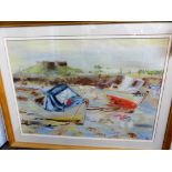 Pastel artwork depicting boats at Bordeaux with Vale Castle signed 'Suzanne' '89.