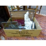 Rummage box to include Channel Island books, photo frames, Blanc De Chine monk , antique crystal