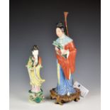 Two Chinese porcelain figures of Guanyin, second quarter 20th century, one with orange and yellow