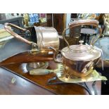 A 19th century brass & iron trivet, copper coal scuttle & copper kettle (3)