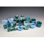 A quantity of various Sowerby green/blue malachite glassware, to include spill vases, of flared '