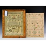 A framed & glazed antique sampler, signed SM, 1835, depicting flowers, insects & basket of fruit,