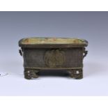 A Chinese bronze patinated white metal censer, late 19th / early 20th century, with diaper ground