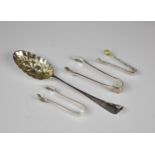 A George II berry spoon (later converted), London 1754; together with three pairs of small silver