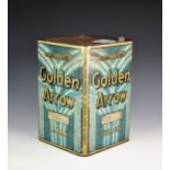 A vintage Golden Arrow Tobacco advertising dispensing tin, with embossed Golden Arrow Land Speed