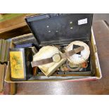 A rummage box containing medals, medallions, coins, watches, jewellery and a pair of silver bird