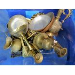 A large quantity of brass & copperware to include 19th century candlesticks, copper pans & an