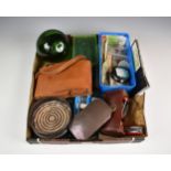 A rummage box, to include fishing reel, flies and accessories; green glass fishing float; Swiss Army