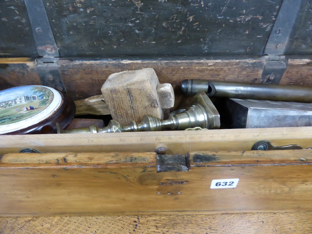 A vintage pine ammo/storage box with various collectable rummage contentscomprising of a