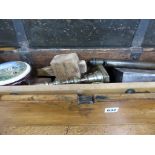 A vintage pine ammo/storage box with various collectable rummage contentscomprising of a