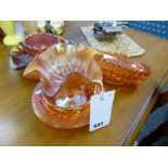 A quantity of various marigold carnival glass to include a Good Luck, eight-ruffled bowl by