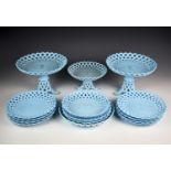 Two large Sowerby turquoise milk glass basket weave comports, with separate tripod bases, 6?in. (