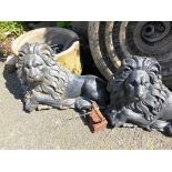 A pair of antique cast iron recumbent lions.