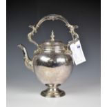 A Victorian silver plated pedestal teapot, with serpent/fish handle, hinged cover with flower dud