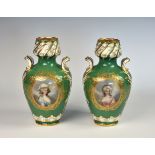 A pair of Continental porcelain twin handled portrait vases, late 19th century, impressed factory