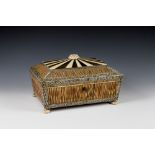 An Anglo-Indian Vizagapatam horn, ivory, penwork and quillwork work box, 19th century, sarcophagus