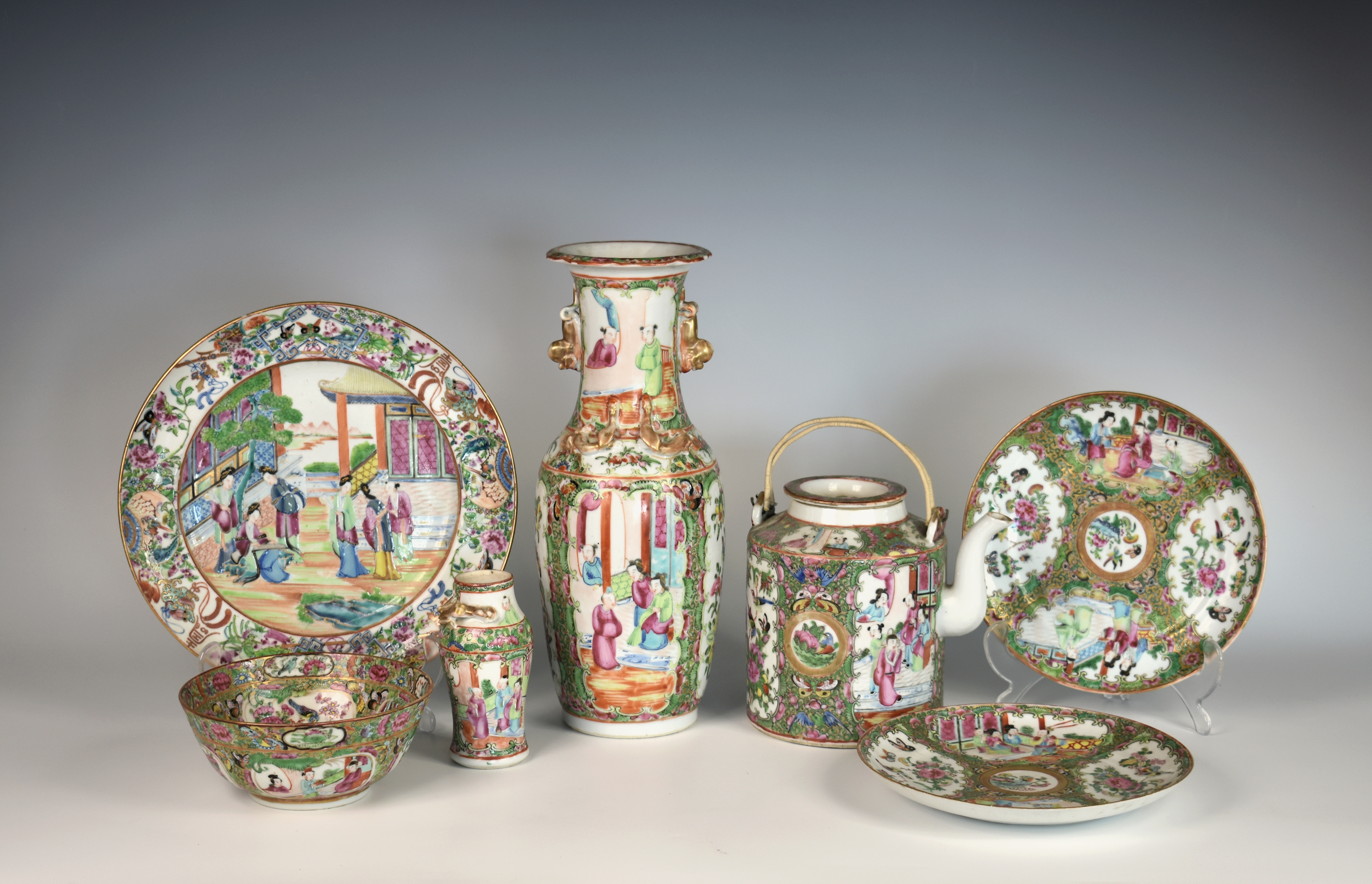A small collection of Chinese Canton famille rose porcelain, late 19th century, comprising a