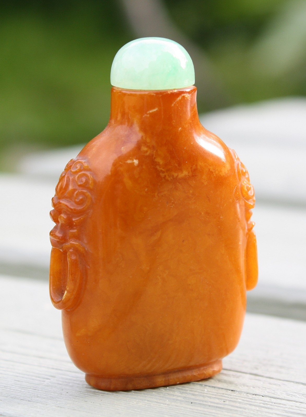 A Chinese egg yolk amber snuff bottle, 18th / 19th century, rounded straight sided form, relief - Image 3 of 11