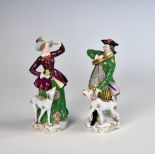 A pair of Derby-style Samson porcelain figures, c.1900, depicting a dandy with flugel horn and a