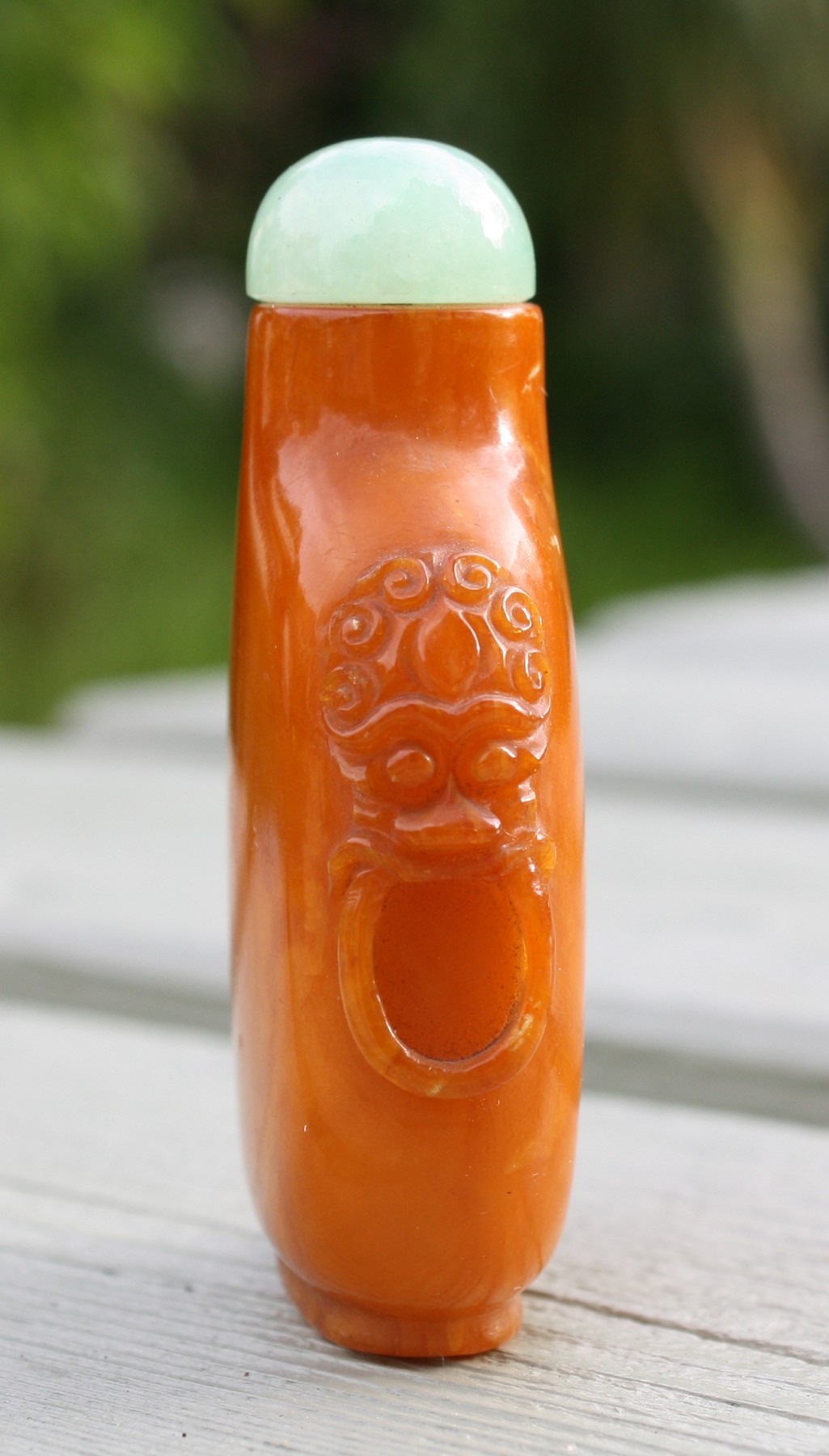 A Chinese egg yolk amber snuff bottle, 18th / 19th century, rounded straight sided form, relief - Image 11 of 11