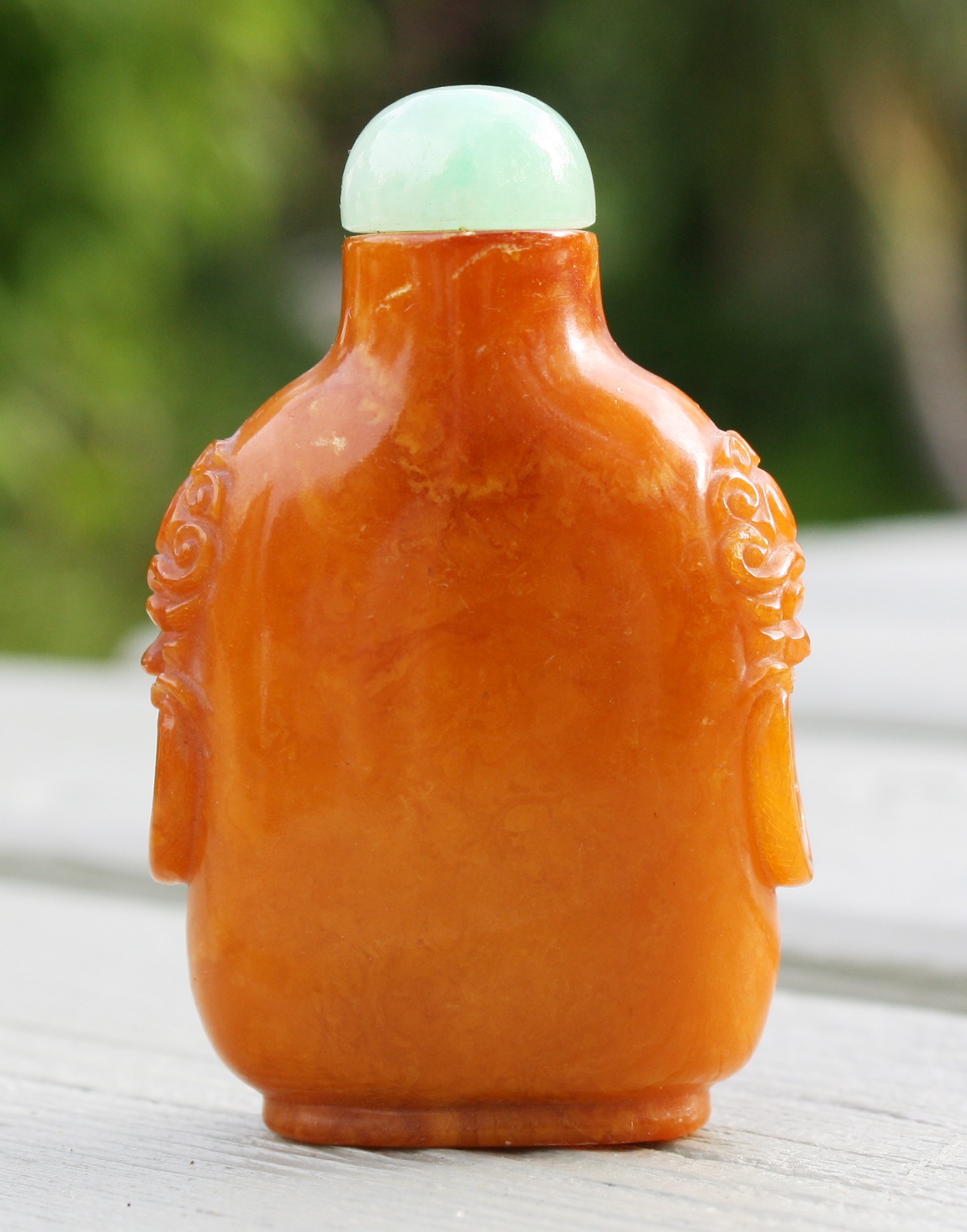 A Chinese egg yolk amber snuff bottle, 18th / 19th century, rounded straight sided form, relief - Image 8 of 11