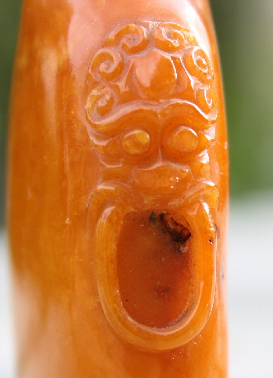 A Chinese egg yolk amber snuff bottle, 18th / 19th century, rounded straight sided form, relief - Image 2 of 11