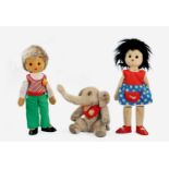 Two Steiff Gabi and Jim soft dolls, c.1976, #7877/45 Jim with blonde mohair hair, with original