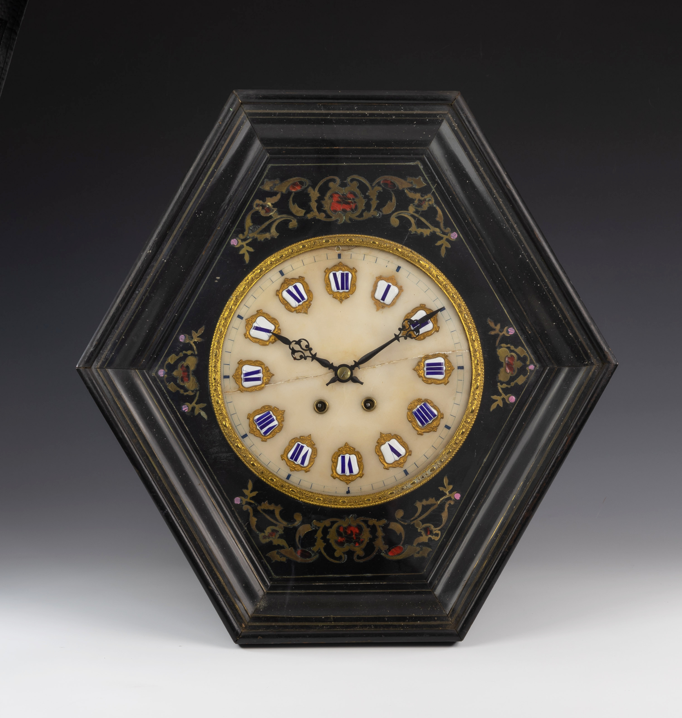 A French two train ebonised and inlaid vineyard style wall clock, 19th century, the 10in.