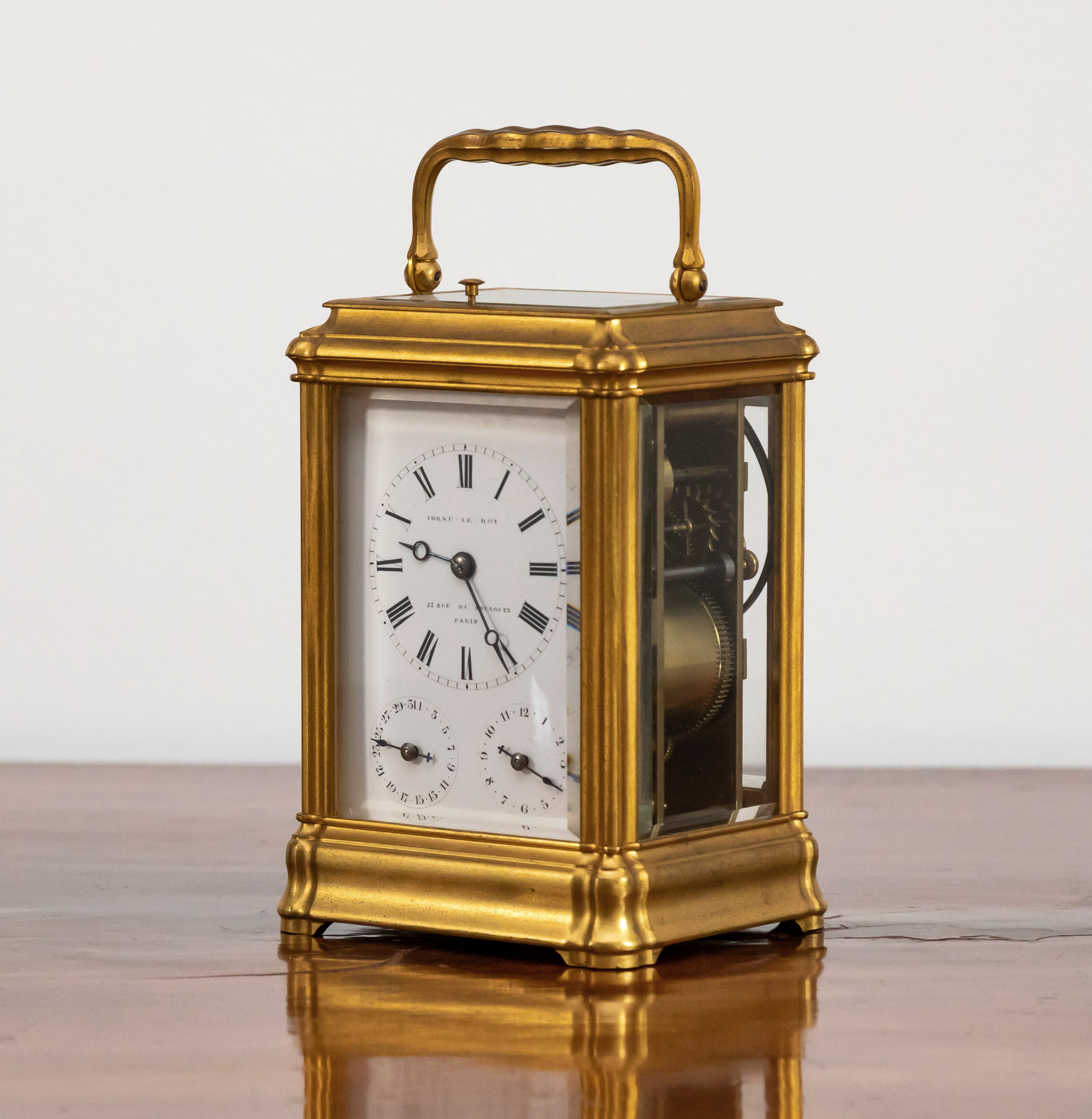 A French gilt brass striking and repeating carriage clock, in gorge case, the top with repeat