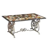 An Italian specimen marble coffee table with wrought iron stand, 20th century, the rectangular top