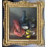 Brian Davies (British, 1942-2014), Still life with a wine bottle and glass, oysters, lobster and