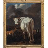 Paulus Potter (Dutch, 1625-1654), A white bull, goat and sheep in a landscape beneath stormy skies ,