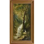 Sarah Louisa Kilpack (British, 1839-1909), An egret beside a wooded waterfall, oil on canvas, signed