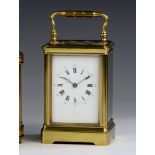 A 19th century French brass carriage clock timepiece by Drocourt of Paris, the corniche case with