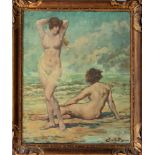 Emil Bauer (German, 1891-1960), Female nudes on a beach , oil on plywood panel, signed lower